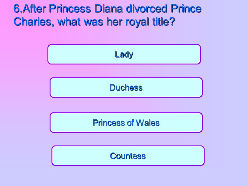 Princess of Wales Countess Duchess Lady 6.After Princess Diana divorced Prince Charles, what was